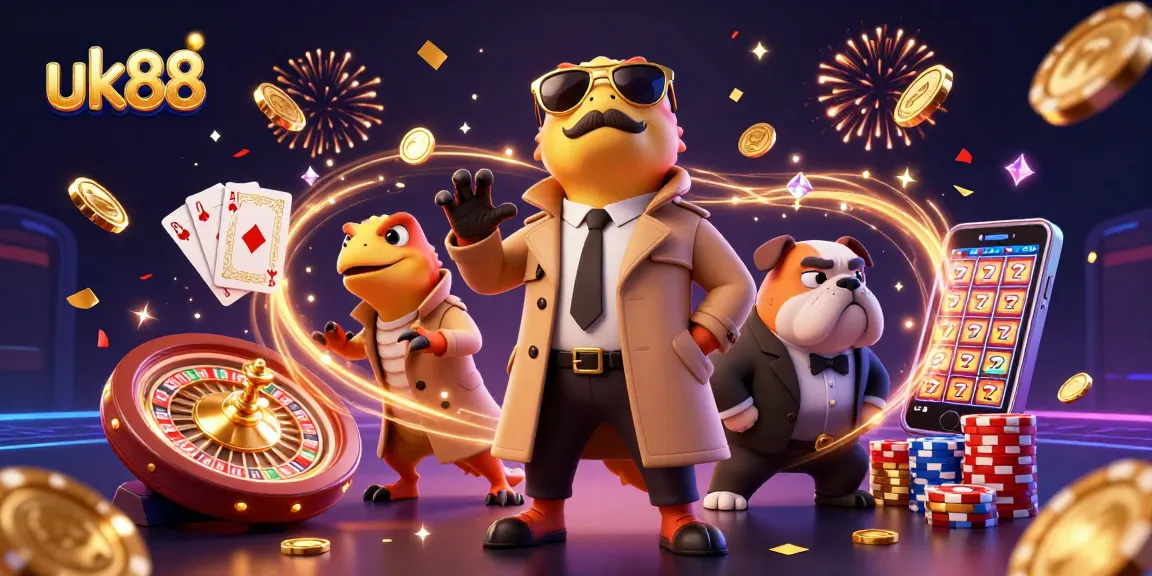 The three raptors in a trench coat playful scene at the VIP lounge of uk88 casino, full of dazzling gaming elements.