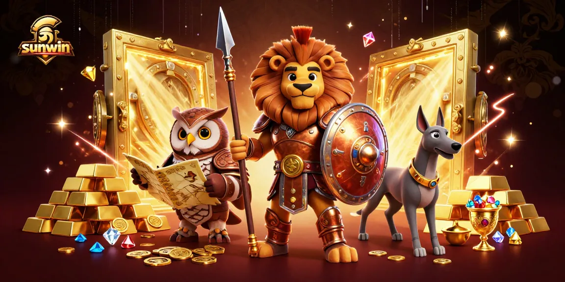 Join the sunwin adventure with a Spartan lion, owl, and greyhound amid dazzling casino treasures.
