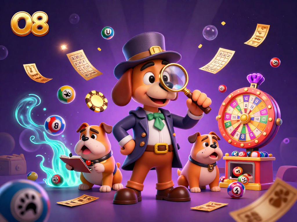 Engage with O8's thrilling world featuring a detective uncovering clues in a dynamic casino illustration.