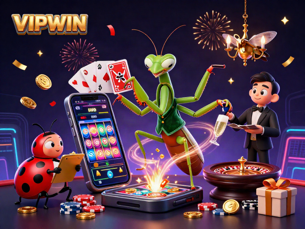 Experience VIPWIN with a vibrant 3D illustration showcasing a unique casino atmosphere with engaging game elements.