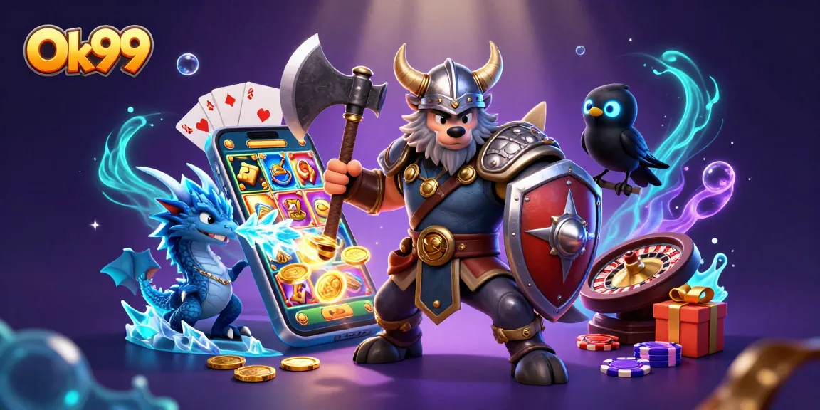 Spin to win with Ok99: A Viking warrior, dragon, and raven in an exciting casino scene.