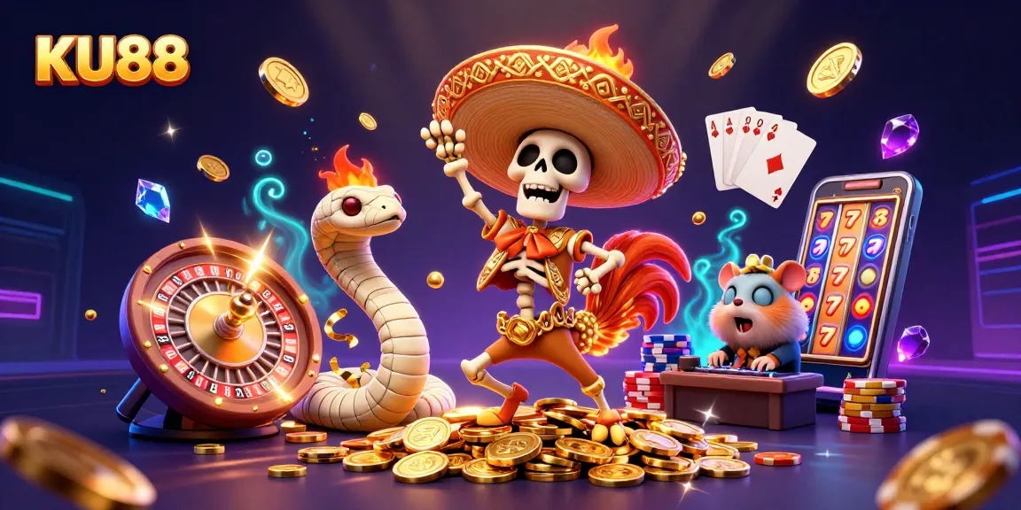 KU88 combines vibrant casino energy with animated characters celebrating amidst gold coins.