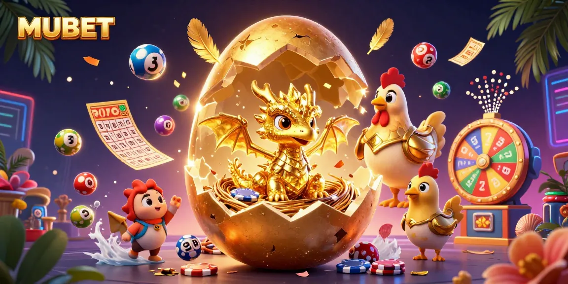 MUBET entertains with a vibrant illustration of a golden dragon in a poker chip nest and dynamic lottery elements.