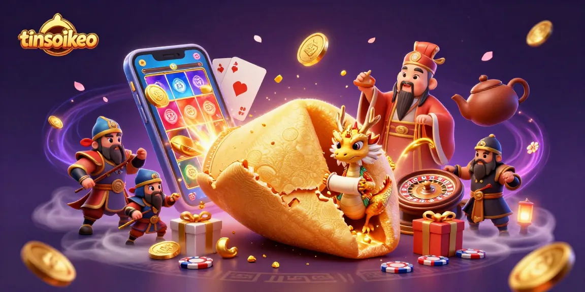 Play slots with tinsoikeo's unique characters amid golden coins and vibrant casino elements.