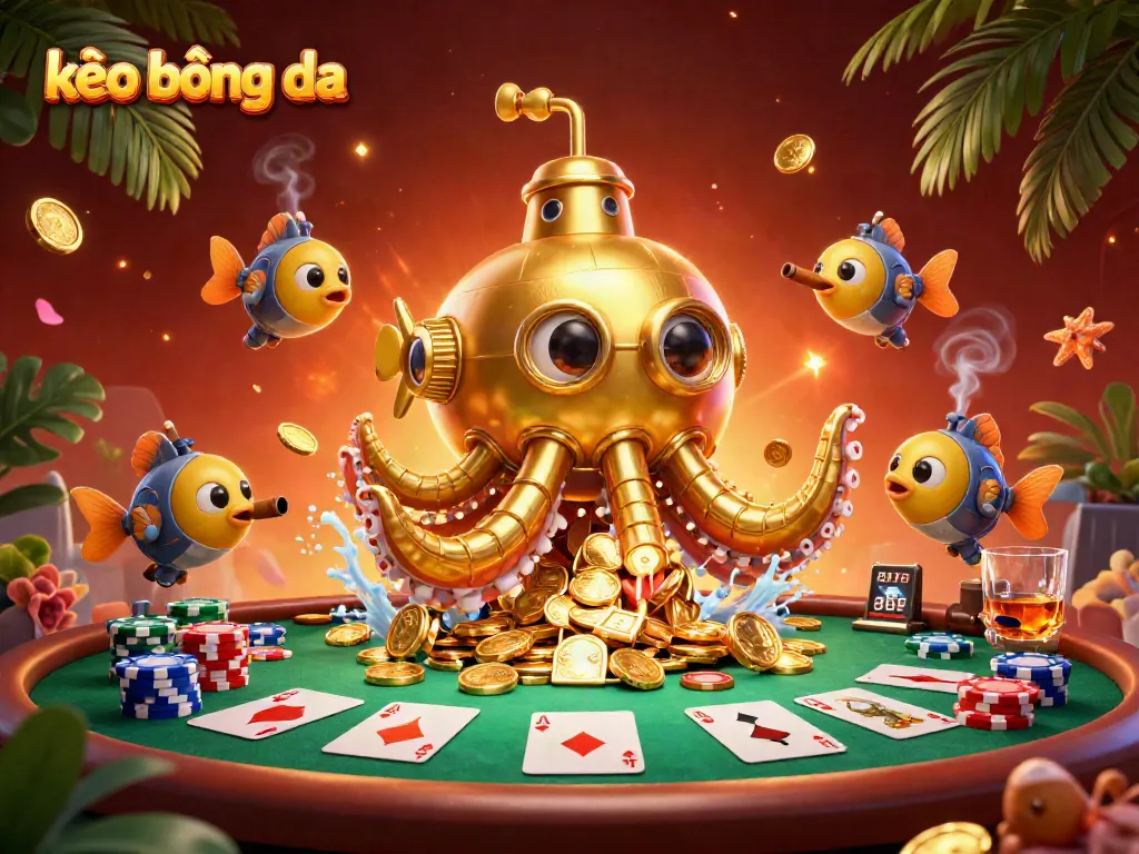 Experience thrilling kèo bóng đá with an exciting underwater casino scene featuring a golden kraken submarine and poker elements.