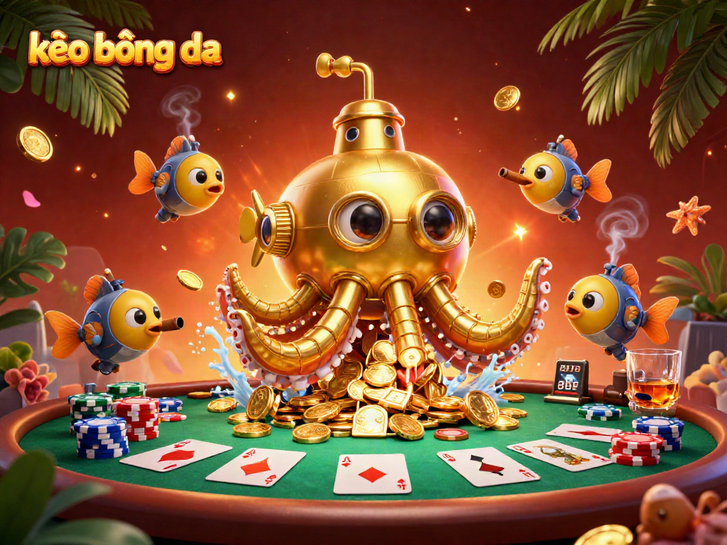 Experience thrilling kèo bóng đá with an exciting underwater casino scene featuring a golden kraken submarine and poker elements.