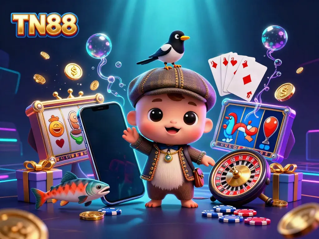 Experience thrilling TN88 slot action with playful characters and vibrant casino elements in this eye-catching scene.