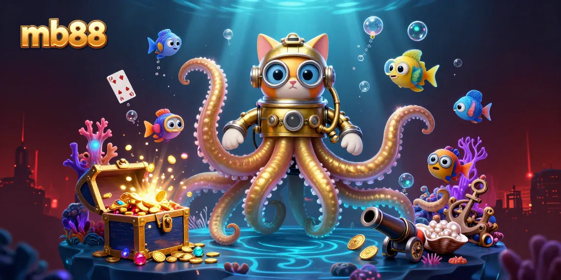 Experience the thrill of mb88 in an immersive 3D illustration featuring a kraken and diving cat.
