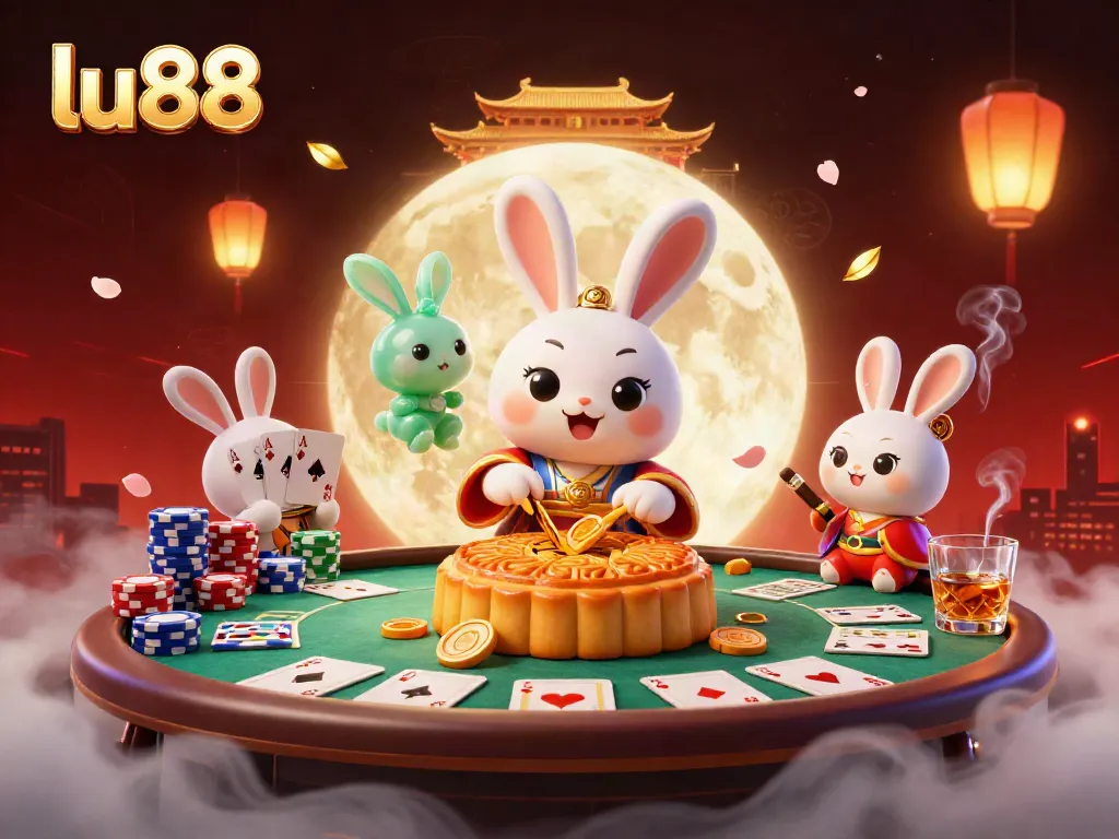 Experience thrilling poker action with lu88's vibrant moon rabbit illustration featuring games and rewards.