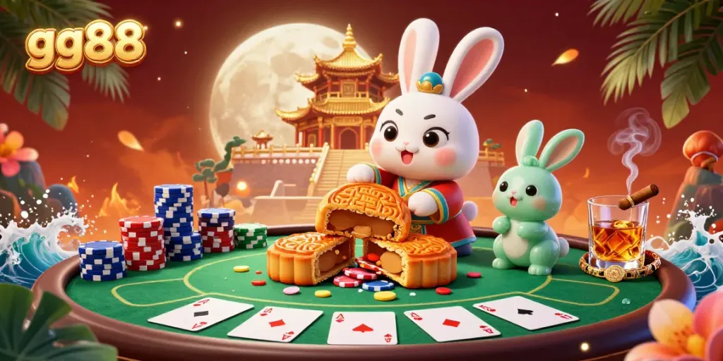 Experience a lively 3D casino scene featuring gg88, with a moon rabbit and vibrant poker elements.