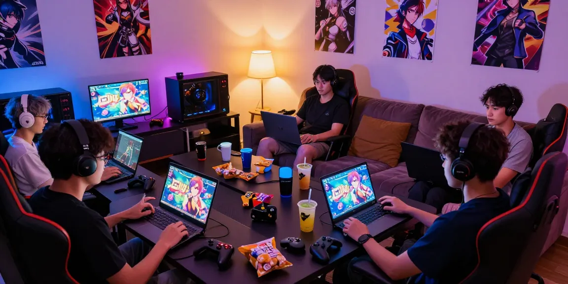 Experience ecchi games online with enthusiastic gamers in a cozy room filled with colorful screens and ambient lighting.