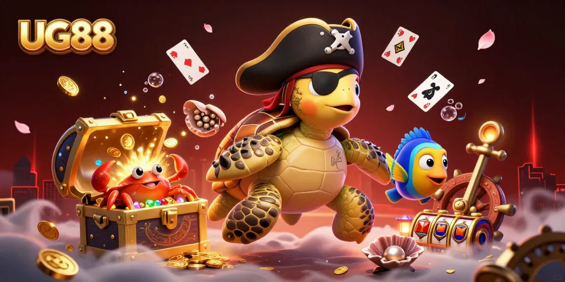 Engage with the rich world of UG88 through a colorful portrayal of a 3D pirate turtle and friends amid treasures in a vibrant casino-themed illustration.