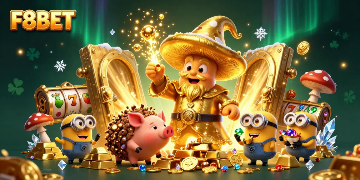 Experience the magic of F8BET with a golden mushroom wizard and treasure in a dynamic casino scene.