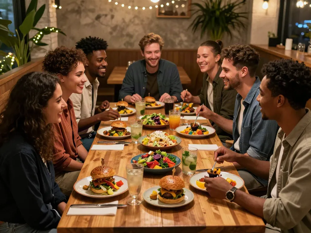 Dining experience at bedfordsocialclub.com with friends sharing meals, laughter, and vibrant dishes.