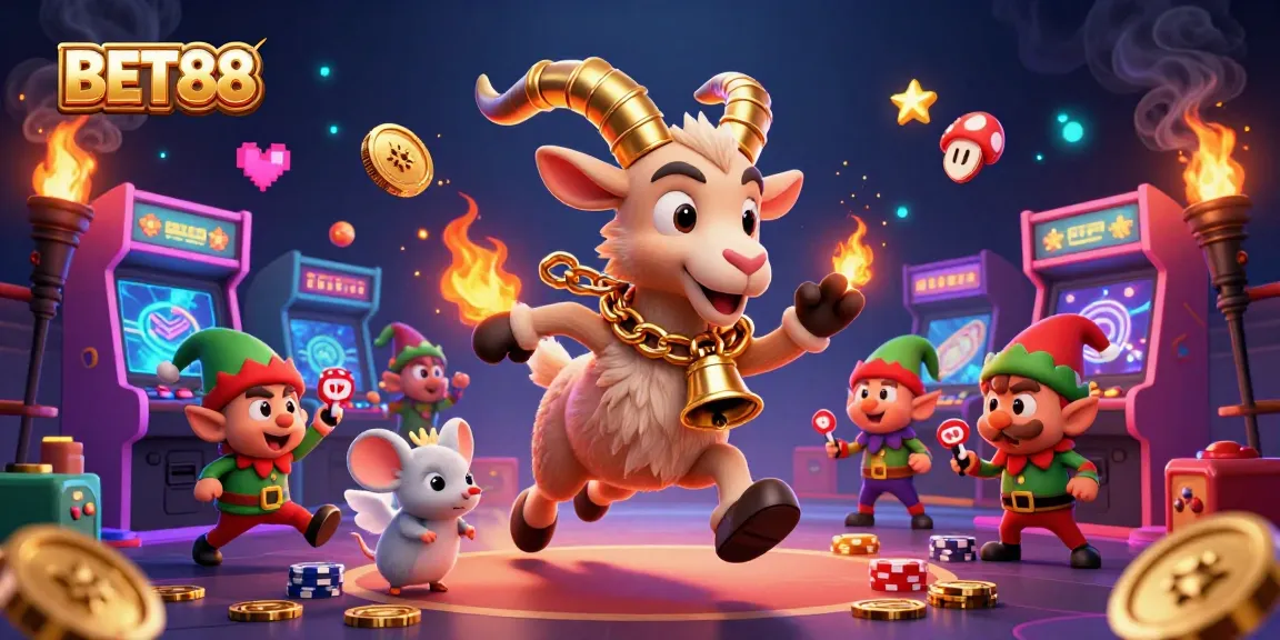 Bet88 showcases an exciting casino scene with Krampus, a mouse, and gremlins amidst slot machines.
