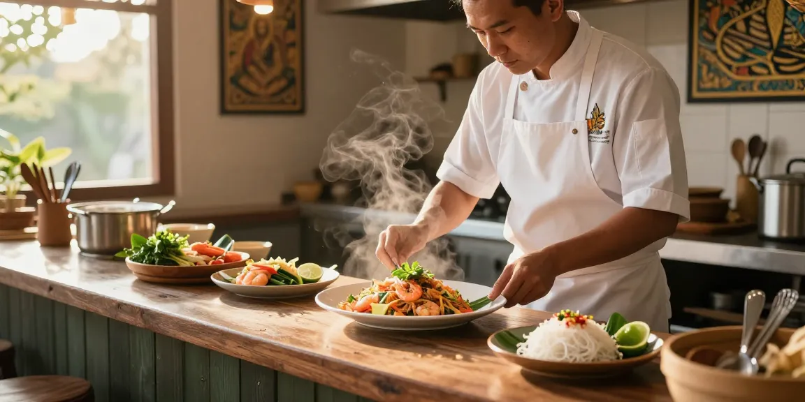 Delicious Pad Thai dish being plated at kinalyrestaurant.com, featuring fresh ingredients in a warm kitchen.