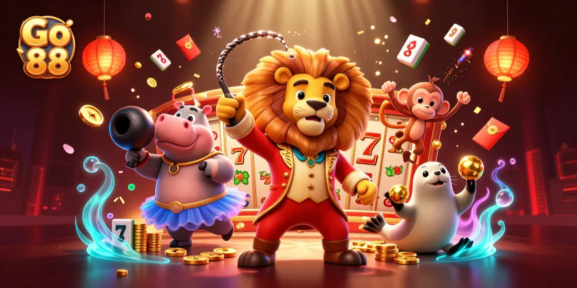 Spin and win with Go 88's vibrant 3D casino scene featuring lively characters and slot reels.