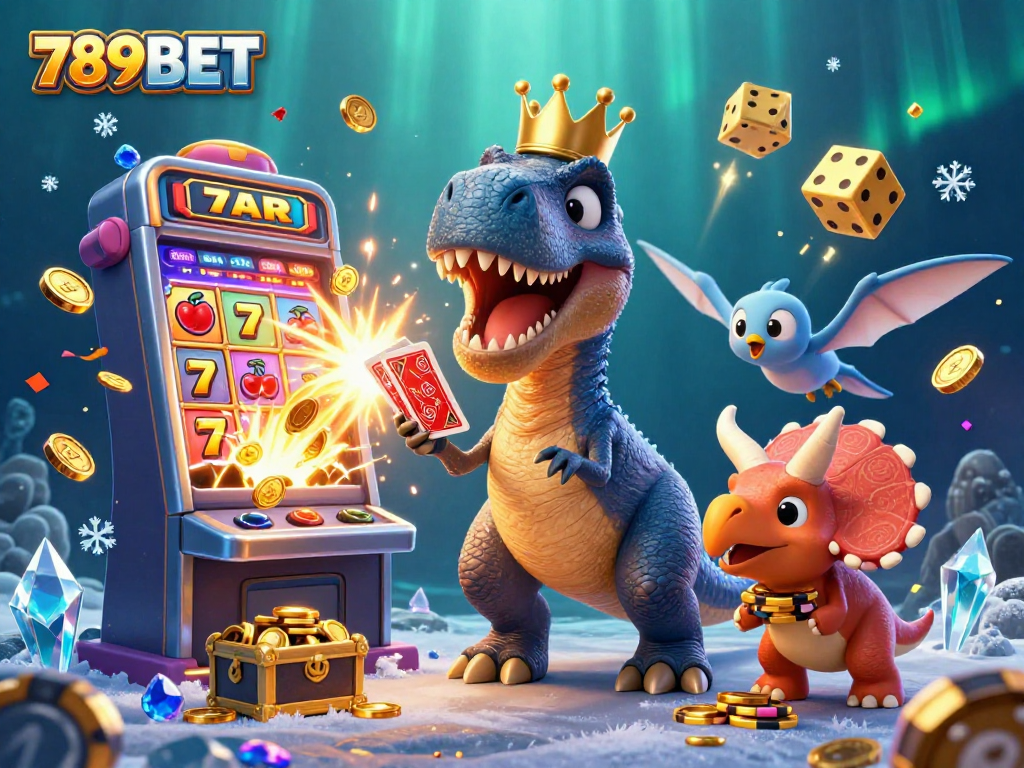 Engaging scene with 789BET's T-Rex, pterodactyl, and triceratops enjoying casino games in a vibrant digital illustration.
