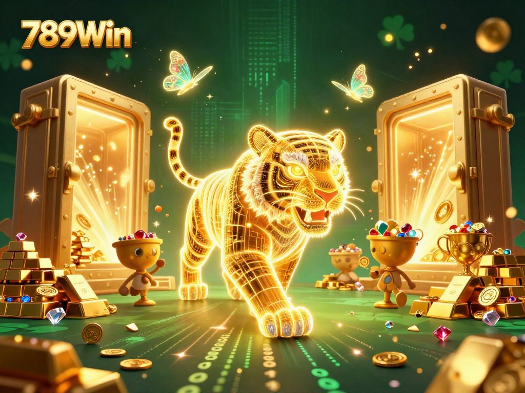 Experience the excitement of 789Win with a vibrant digital casino scene showcasing a golden tiger and treasures.