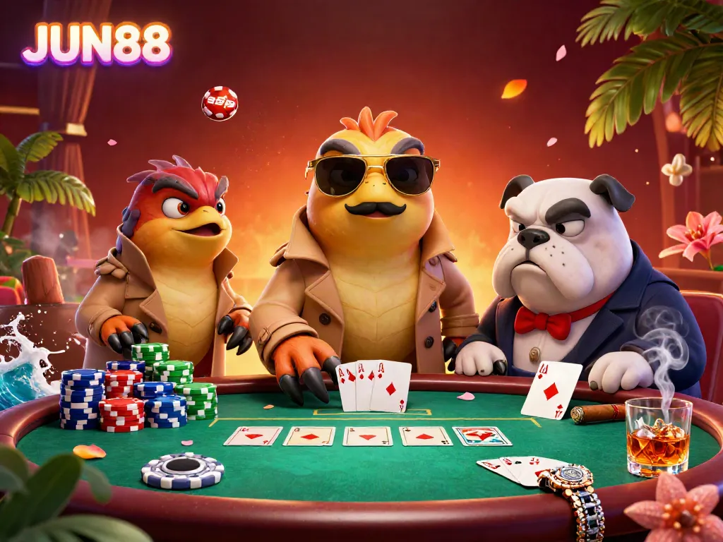 JUN88 raptors disguised in a trench coat attempt to enter a VIP casino amidst a vibrant poker scene.