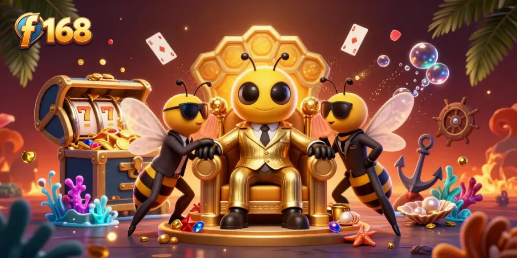 Engage with f 168 through vibrant slots, gold coins, and charismatic characters in this lively casino scene.