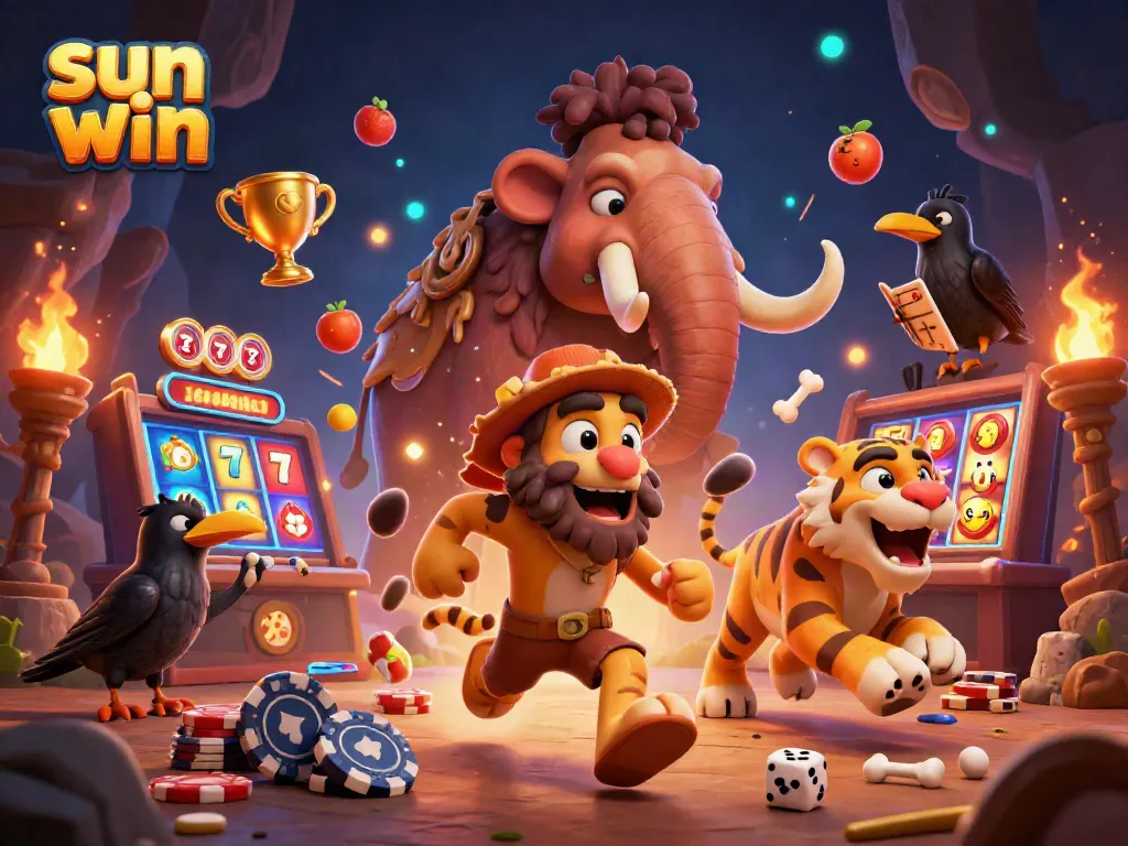 Experience thrilling moments at Sun Win with this exciting prehistoric casino scene featuring vibrant game elements.