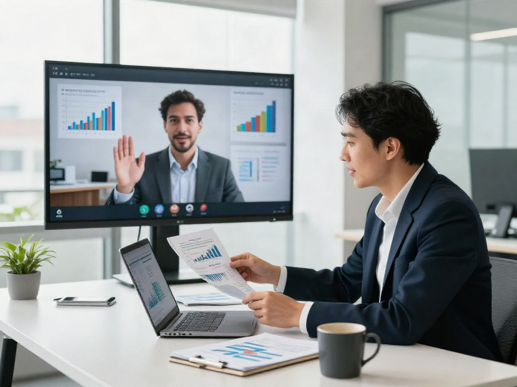 Business professional reviewing strategies and deposit 10k to achieve financial goals in a modern office.