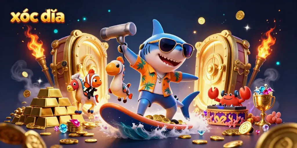 Experience the thrill of xóc đĩa with lively characters and dazzling treasures in this dynamic casino scene.
