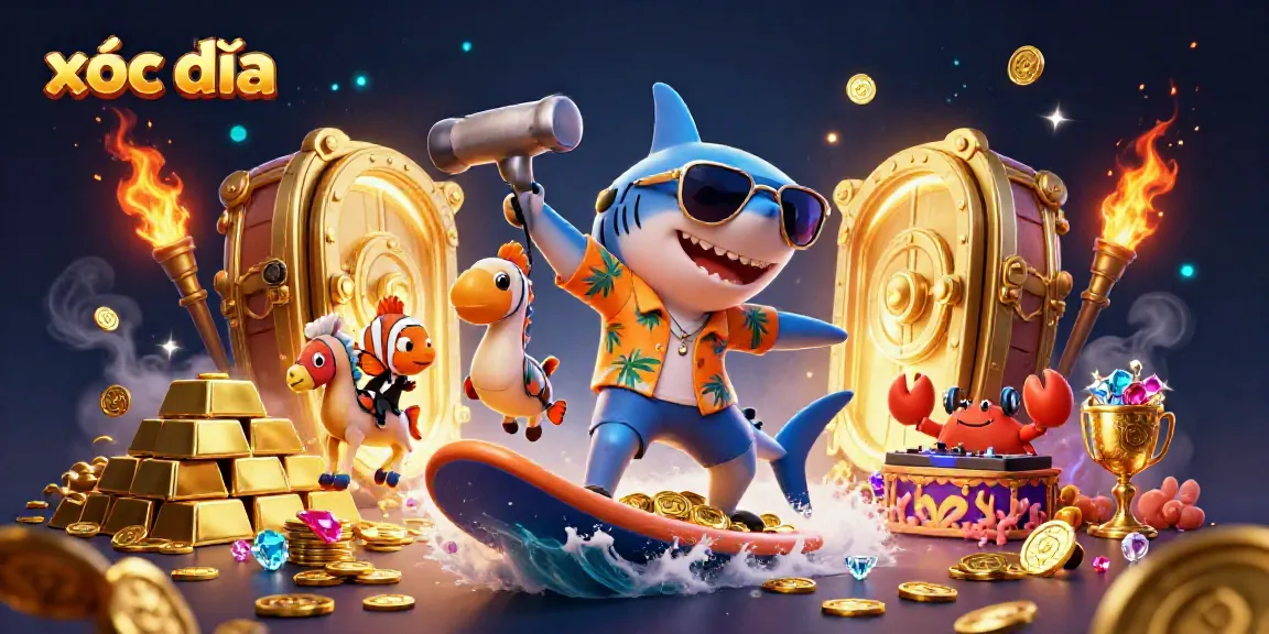 Experience the thrill of xóc đĩa with lively characters and dazzling treasures in this dynamic casino scene.