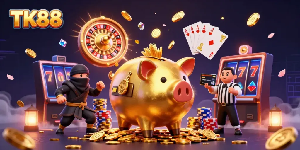 Experience thrilling casino action with TK88's golden piggy bank sumo wrestler, wallet-ninja, and credit-card referee.