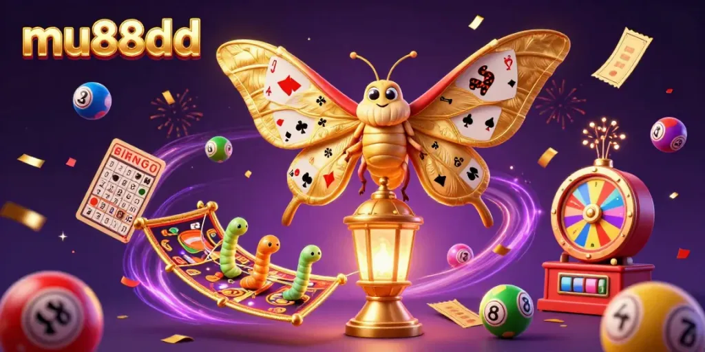 Spin and win at mu88dd with a vibrant scene featuring a glowing atlas moth and lottery elements.