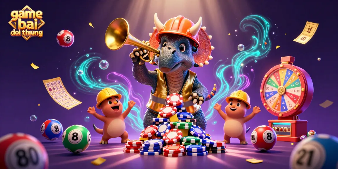 Engage in thrilling game bai doi thuong as a triceratops celebrates atop poker chips amidst vibrant casino elements.