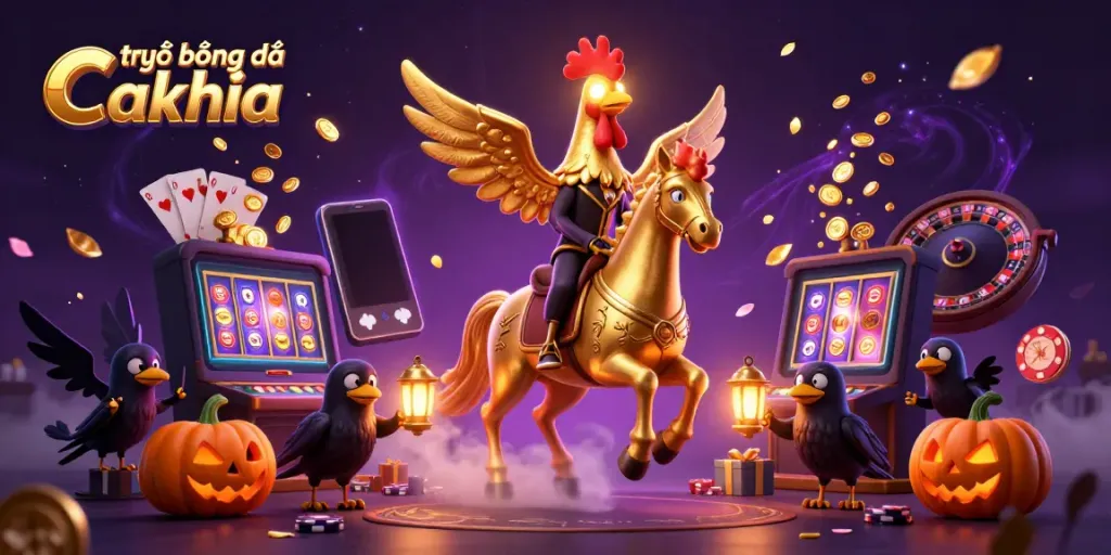 Engage with trực tiếp bóng đá Cakhia as the golden rooster rides through a lively casino scene filled with games.