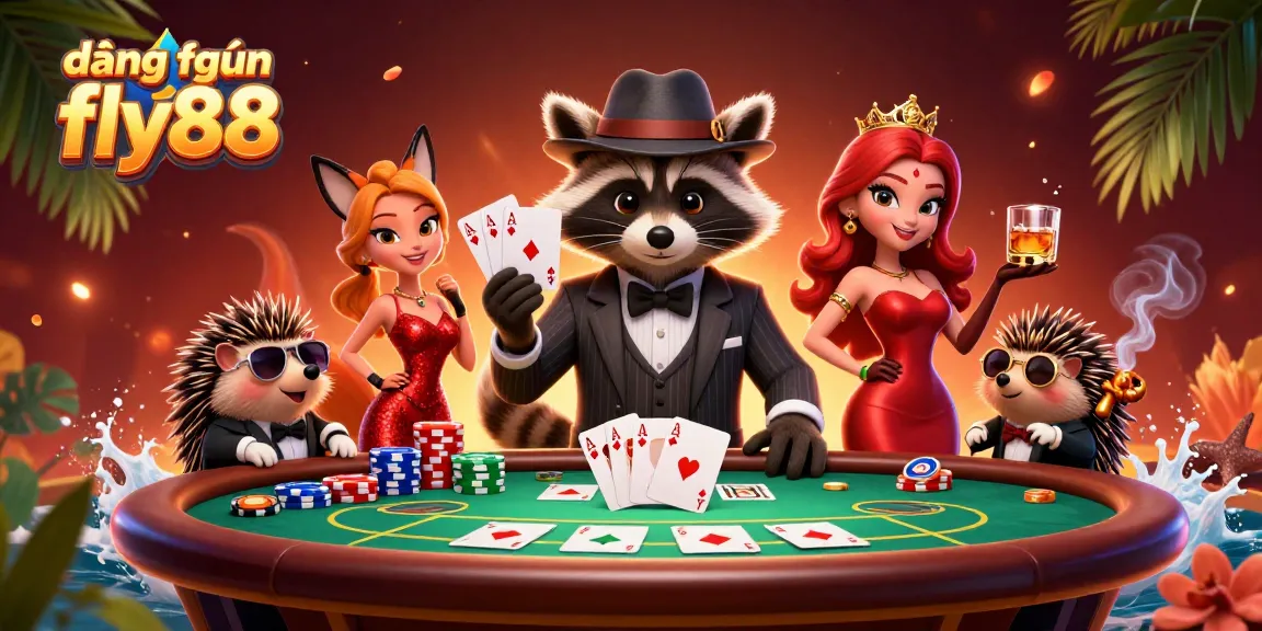 Win big with đăng nhập fly88 at this vibrant casino scene featuring animated characters and poker elements.