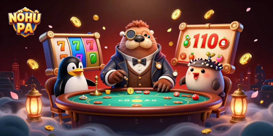 NỔ HŨ PA jackpot scene with a walrus, penguin dealer, and pufferfish at a vibrant slot game.