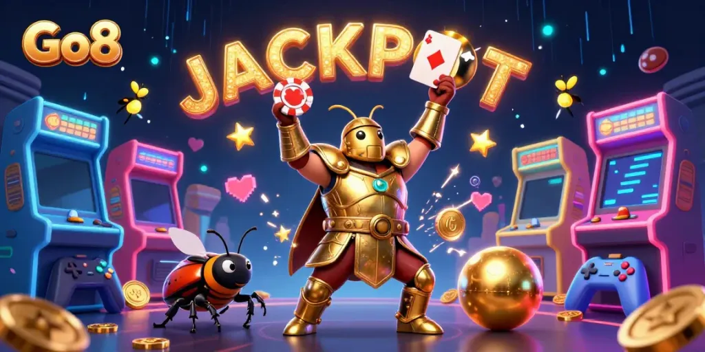 Experience Go8's thrilling casino adventure with 3D characters celebrating a big jackpot.