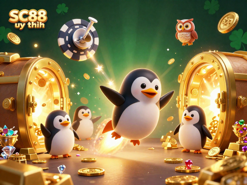 Spin and win with SC88 uy tín at an exhilarating casino-themed adventure, featuring a dynamic golden penguin.