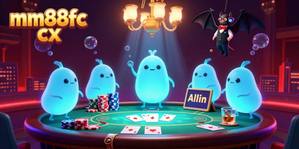 Experience the vibrant mm88fc cx casino scene with animated glowworms lighting the action at a poker table