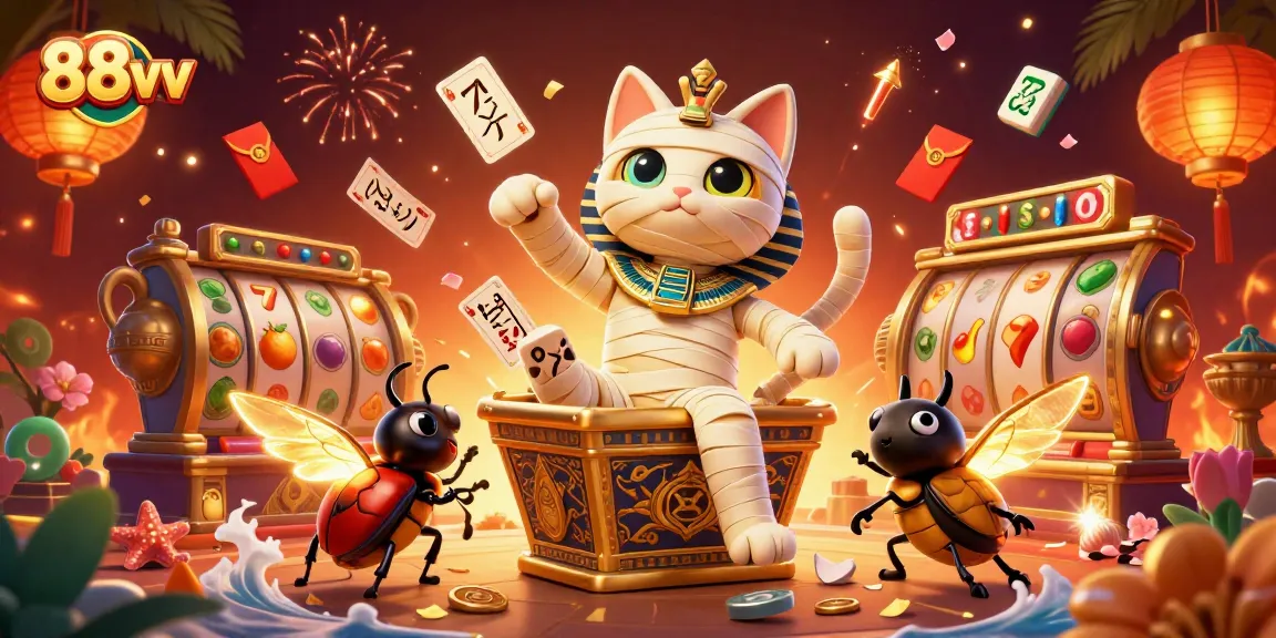 88vv slots burst with energy as an Egyptian mummy cat and scarab beetle dive into casino action.