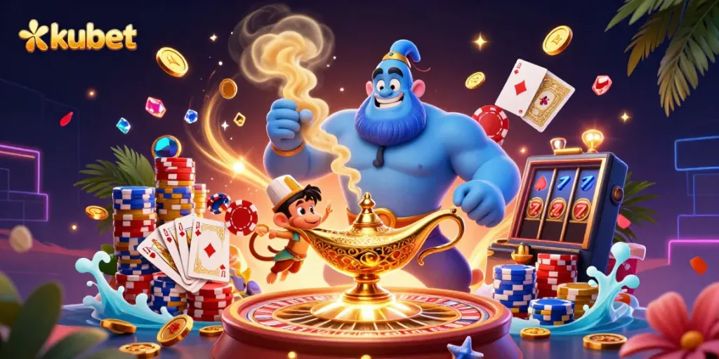 Experience exciting gameplay at kubet with a vibrant 3D casino scene featuring a genie, poker chips, and magical elements.