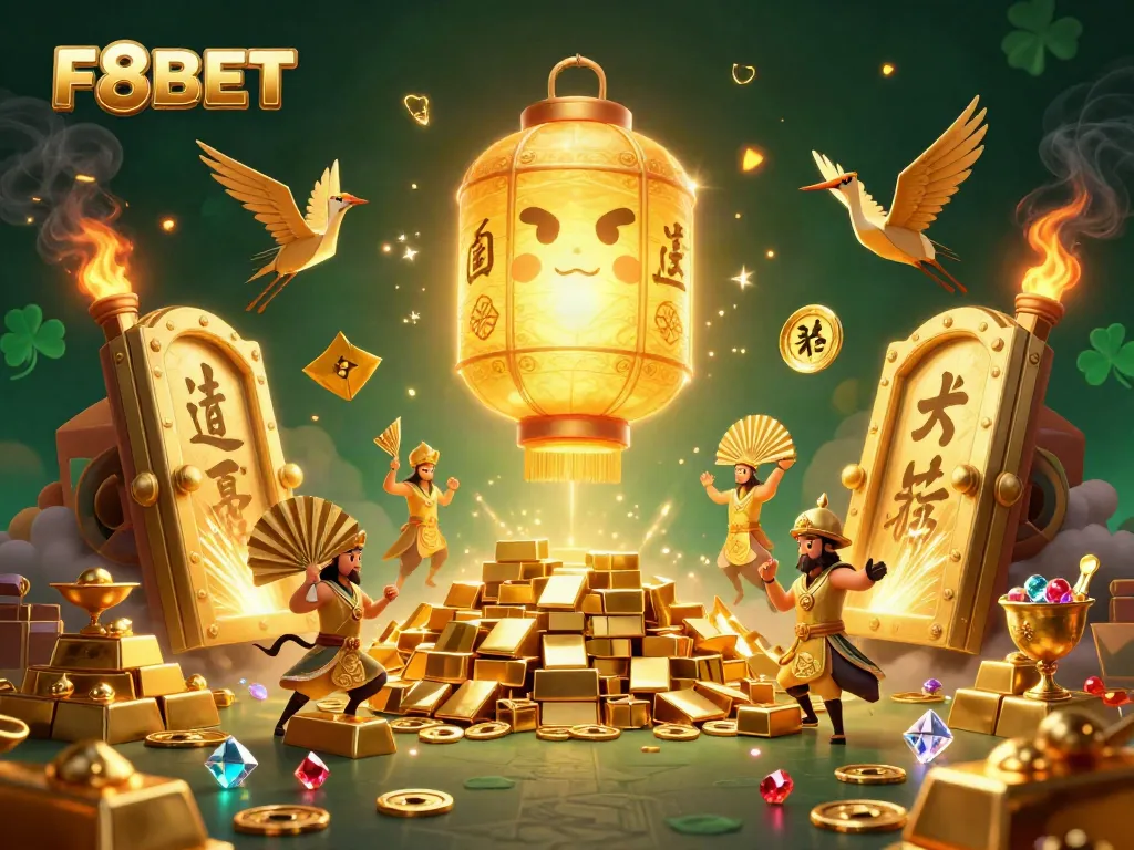 Experience the vibrant world of F8BET with golden treasures and dynamic characters at a night market casino.