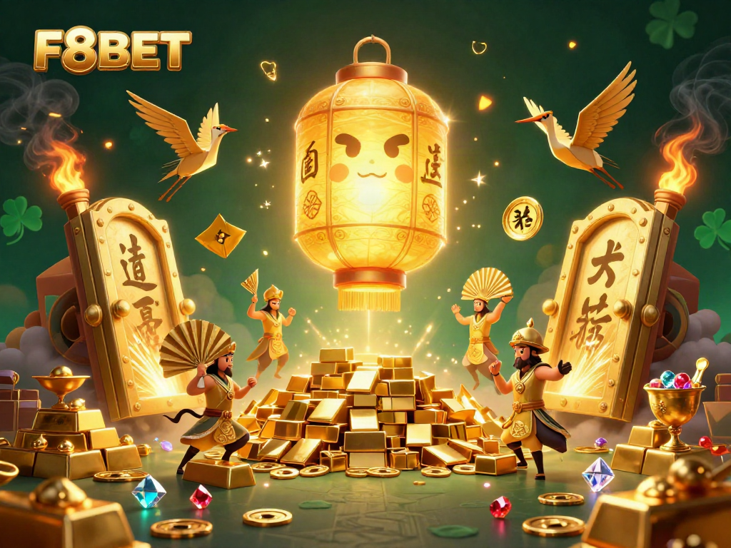 Experience the vibrant world of F8BET with golden treasures and dynamic characters at a night market casino.