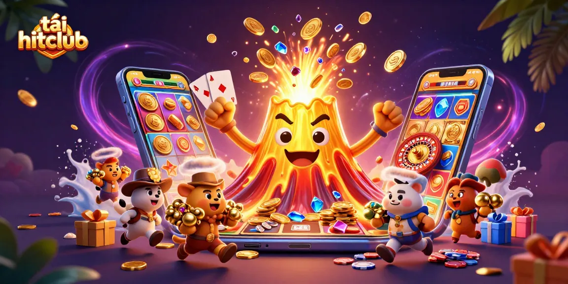 Engage in thrilling gameplay with tải hitclub, where a golden volcano erupts treasures and animated characters experience excitement.