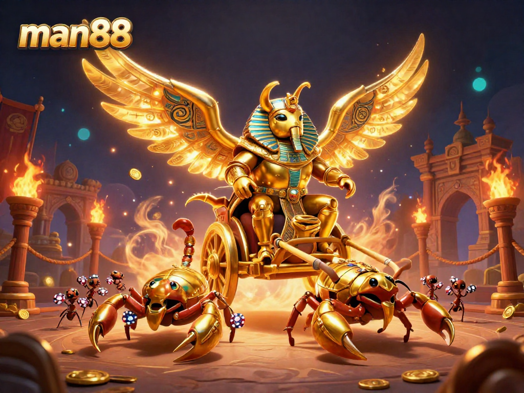 Engage with man88 by placing bets in a vibrant casino scene featuring a golden scarab and scorpions.