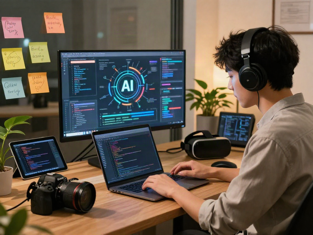 Dynamic digital workspace illustrating advanced nsfw ai development with algorithms and vibrant infographics.