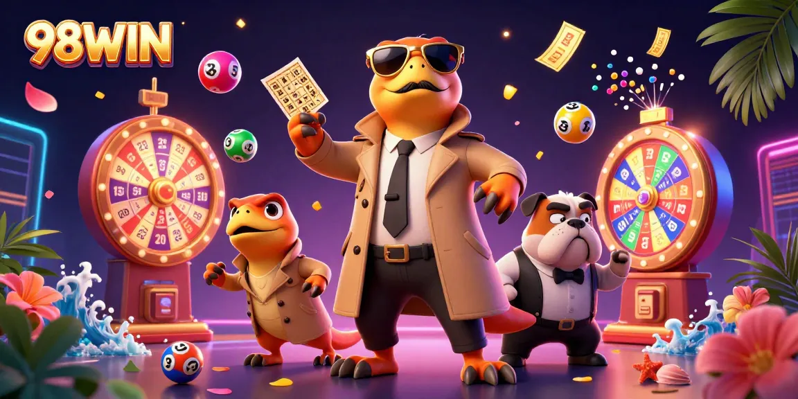 Engage with 98WIN's thrilling online casino experience through this vibrant, dynamic illustration.