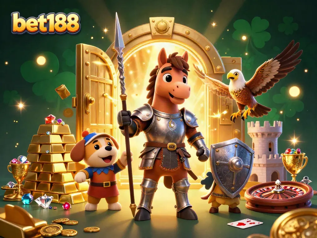 Engage with bet188's exciting casino adventure, featuring medieval knight characters and dazzling treasures.