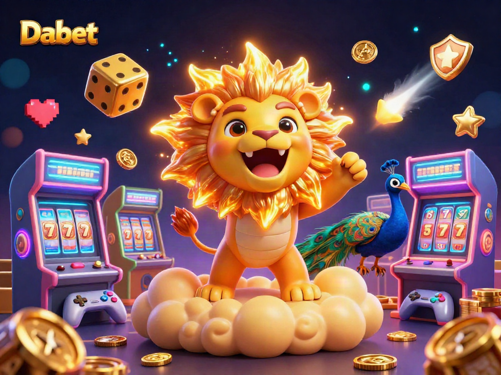 Dabet showcases a vibrant 3D casino scene with dynamic characters, slot elements, and glowing game machines.