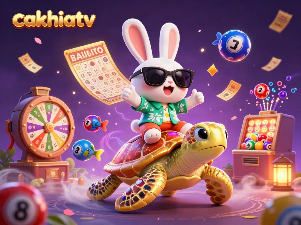 Experience the excitement of cakhiatv with a lucky rabbit and sea turtle in a vibrant casino scene.