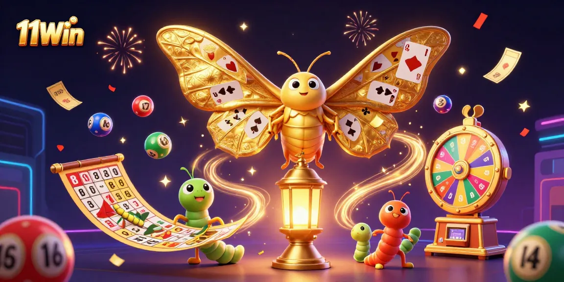 Engage with 11Win lottery excitement through vivid characters and dynamic casino elements in a 3D illustration.